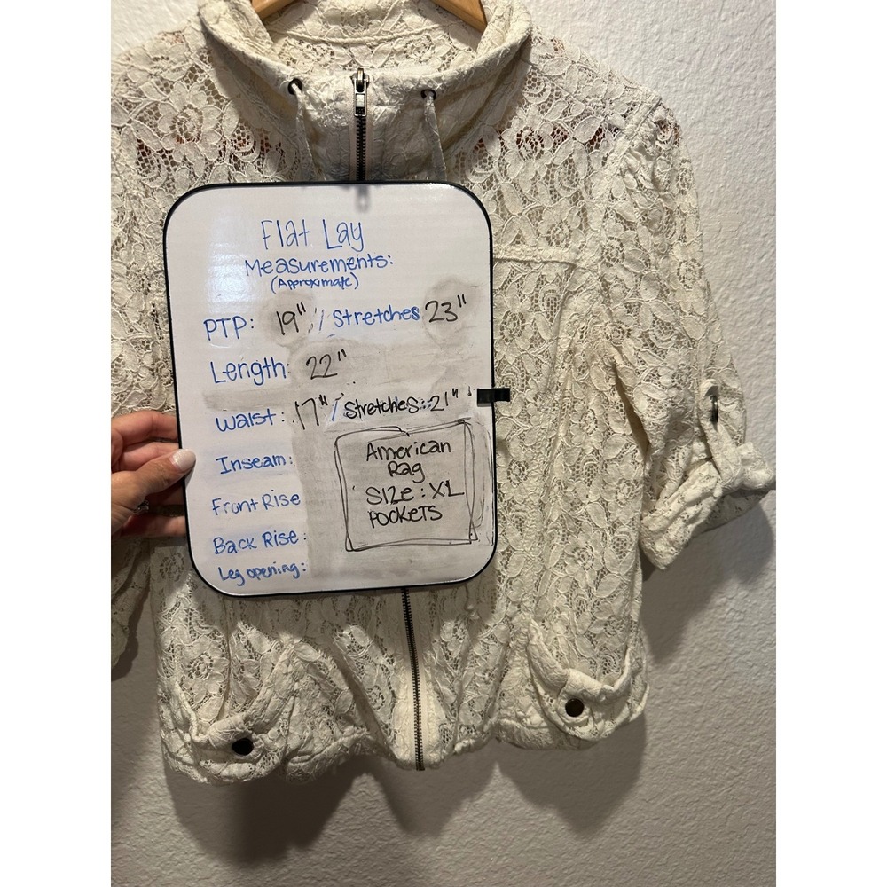 American Rag Womens XL Ivory Floral Lace Zip Up Bomber Jacket Short Sleeve Cream - Picture 14 of 15